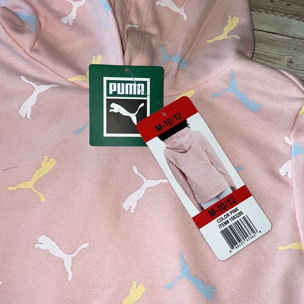 PUMA Youth Hoodie Sweatshirt Pink W/Yellow Blue White Cat Logo All Over NWT Kids - Picture 4 of 11